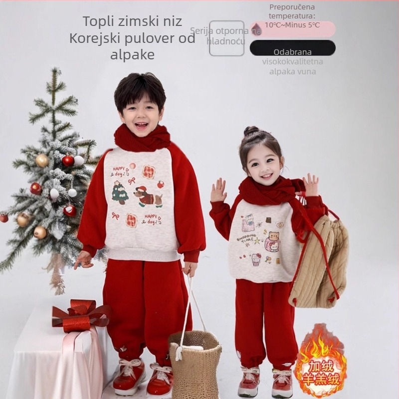 Dječji dvodijelni zimski komplet: pulover bez kapuljače i hlače s crtanim printom, korejski stil, za djecu 3-8 godina, 52% pamuk