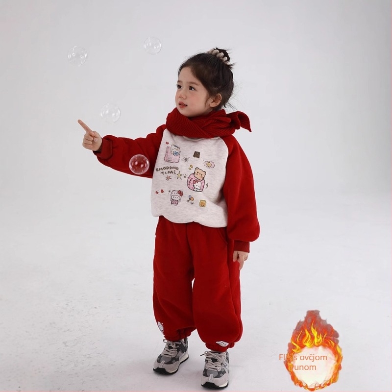 Dječji dvodijelni zimski komplet: pulover bez kapuljače i hlače s crtanim printom, korejski stil, za djecu 3-8 godina, 52% pamuk