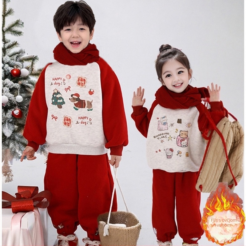 Dječji dvodijelni zimski komplet: pulover bez kapuljače i hlače s crtanim printom, korejski stil, za djecu 3-8 godina, 52% pamuk