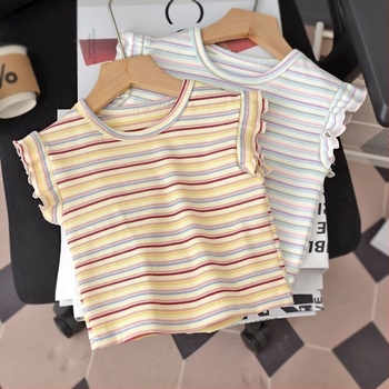 Majica kratkih rukava za djevojčice, Ice Silk tkanina, prugasti uzorak, okrugli izrez, korejski stil, za djecu 3–8 godina