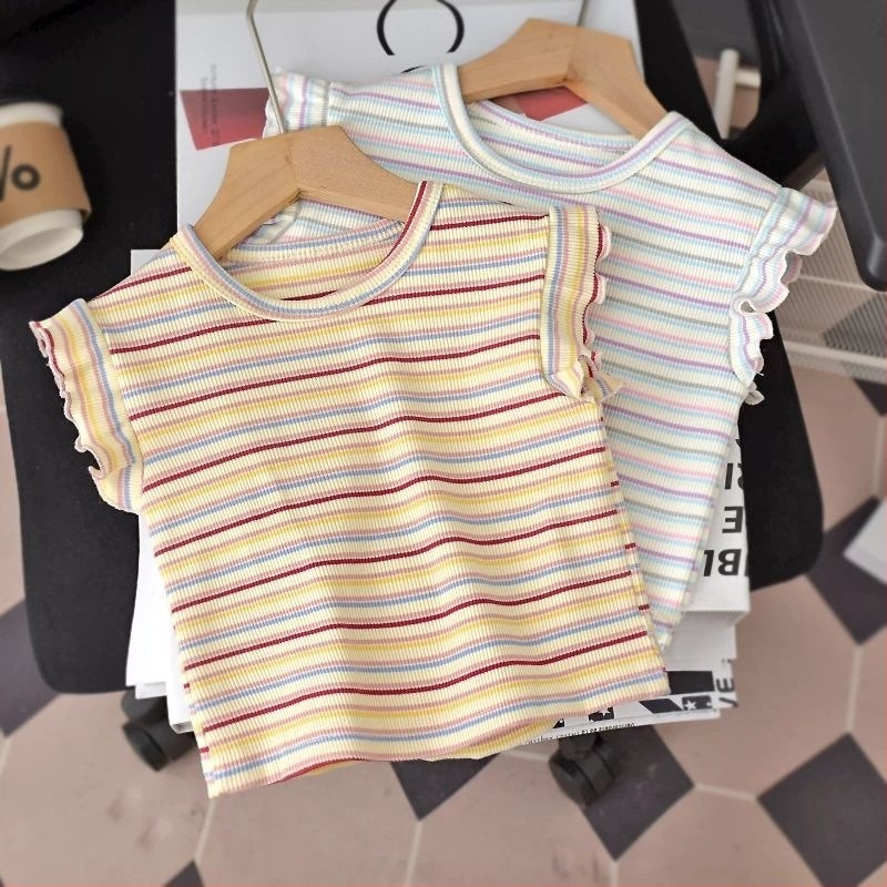 Majica kratkih rukava za djevojčice, Ice Silk tkanina, prugasti uzorak, okrugli izrez, korejski stil, za djecu 3–8 godina