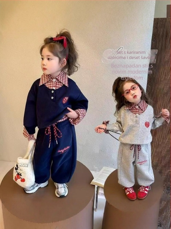 Djevojčice dvodijelni set: sweatshirt s polo izvezom u korejskom stilu, jesen, dugi rukavi, 55% pamuka