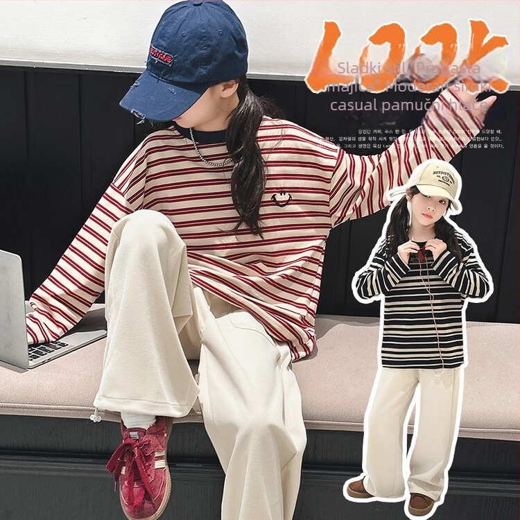 Dječji dvodijelni set za djevojčice: majica s dugim rukavima s prugastim uzorkom i šivanom osmijehom te široke hlače; mješavina pamuka 75% pamuk, mekan dodir