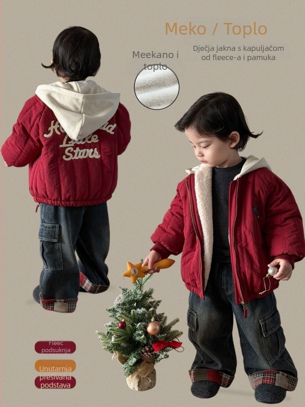 Inko dječja zimska jakna za dječake, koreanskog stila, kapuljača, debeli flis unutarnja podstava, vanjski materijal od pamuka, podstava od poliester