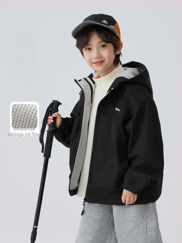 Muška dječja kapuljačasta jakna s soft shellom, 100% poliester, vodootporna 3000 mm, potpuno zalijepljeni šavovi, podstava poliester, za uzrast 7–12 godina, jesen-zima