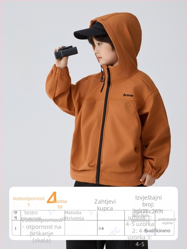 Muška dječja kapuljačasta jakna s soft shellom, 100% poliester, vodootporna 3000 mm, potpuno zalijepljeni šavovi, podstava poliester, za uzrast 7–12 godina, jesen-zima