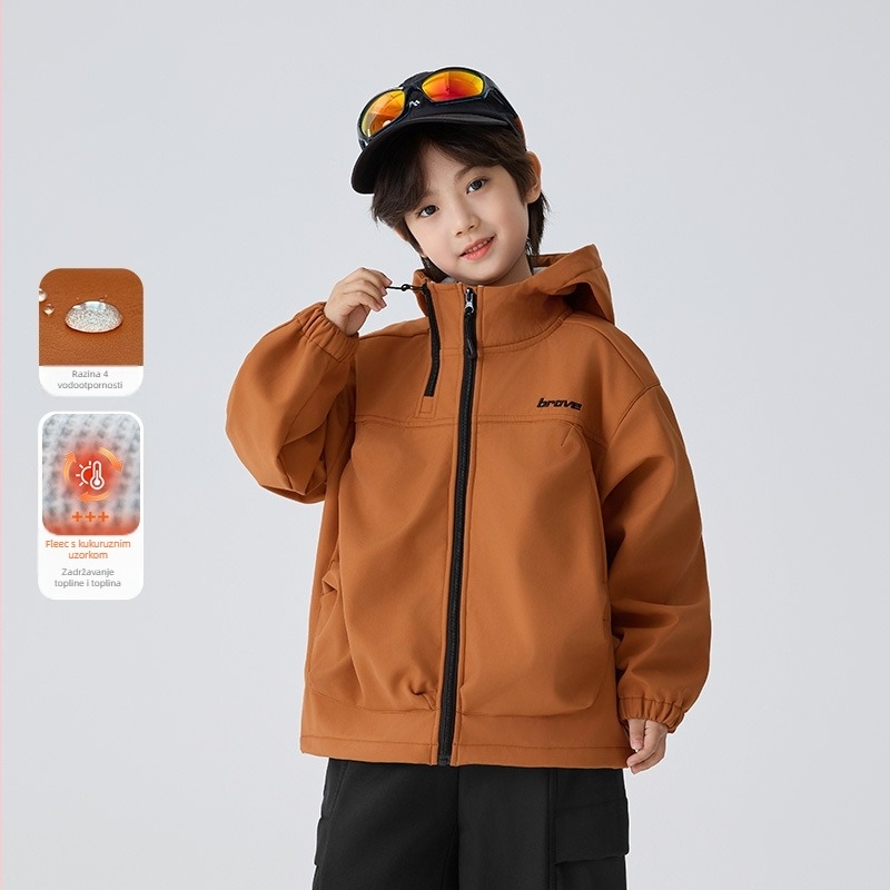 Muška dječja kapuljačasta jakna s soft shellom, 100% poliester, vodootporna 3000 mm, potpuno zalijepljeni šavovi, podstava poliester, za uzrast 7–12 godina, jesen-zima