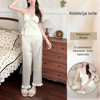 Trodijelni satenski pižama set s naramenicama – korejski stil, dugi rukavi, ice silk pižama za žene s jastučićem za prsa