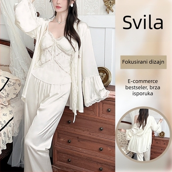 Trodijelni satenski pižama set s naramenicama – korejski stil, dugi rukavi, ice silk pižama za žene s jastučićem za prsa
