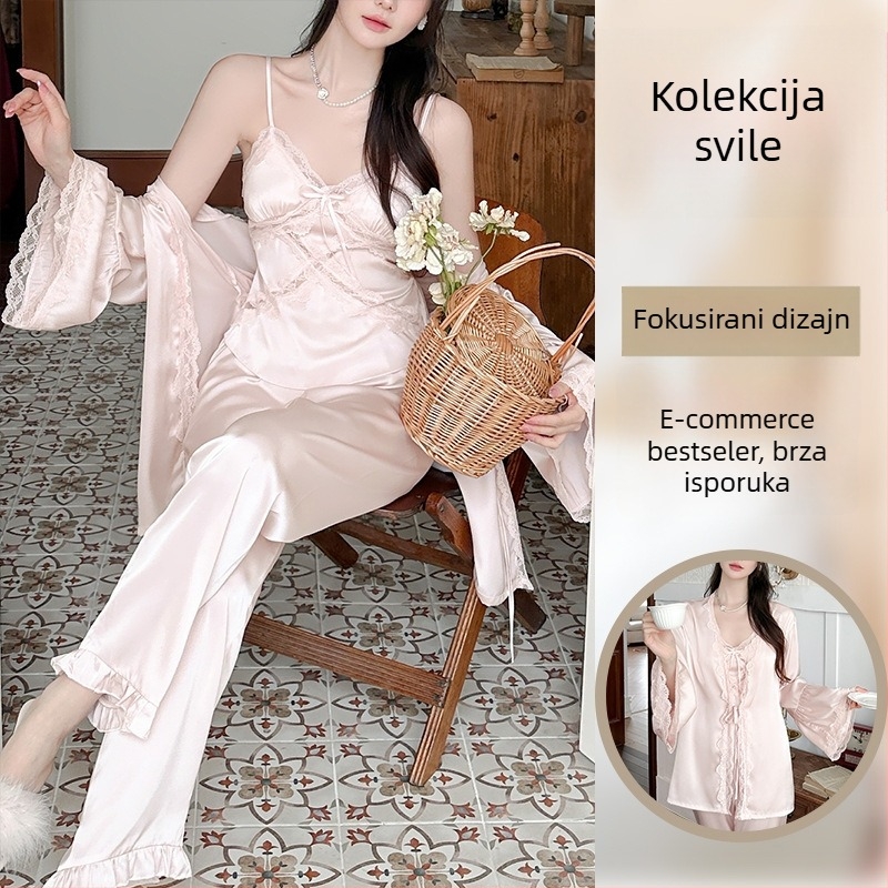 Trodijelni satenski pižama set s naramenicama – korejski stil, dugi rukavi, ice silk pižama za žene s jastučićem za prsa