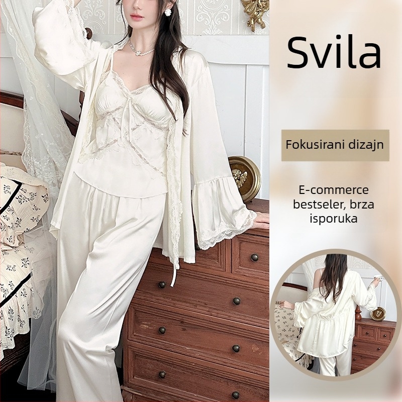 Trodijelni satenski pižama set s naramenicama – korejski stil, dugi rukavi, ice silk pižama za žene s jastučićem za prsa