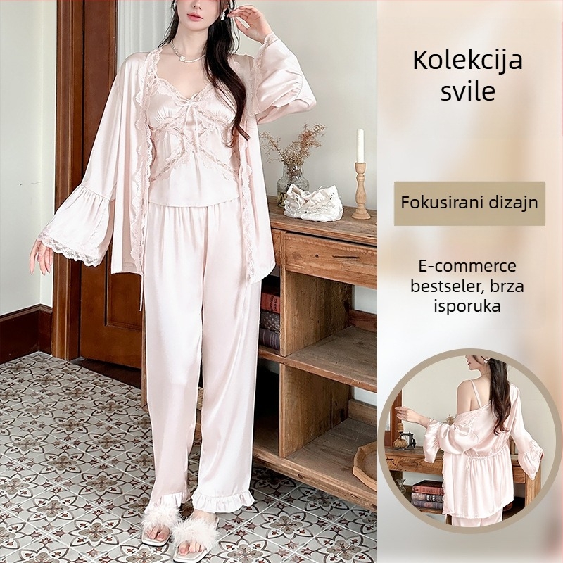 Trodijelni satenski pižama set s naramenicama – korejski stil, dugi rukavi, ice silk pižama za žene s jastučićem za prsa