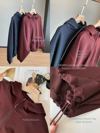 Ženski pamukasti windbreaker s kapuljom, slim-fit kroj, jednobojni uzorak, jednostruko kopčanje na gumb, otporan na naboranje, jesen 2025