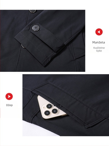 Muški kaput srednje duljine s ovratnikom, jednobrojno kopčanje, debeli materijal, jednobojan, za proljeće i jesen