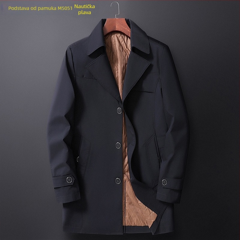 Muški kaput srednje duljine s ovratnikom, jednobrojno kopčanje, debeli materijal, jednobojan, za proljeće i jesen