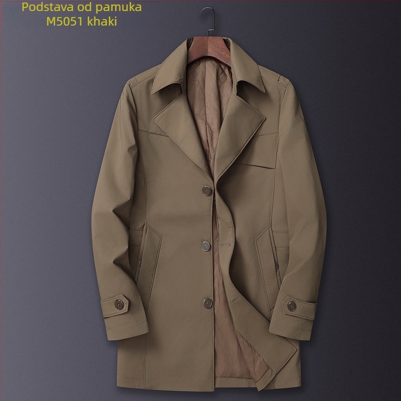 Muški kaput srednje duljine s ovratnikom, jednobrojno kopčanje, debeli materijal, jednobojan, za proljeće i jesen