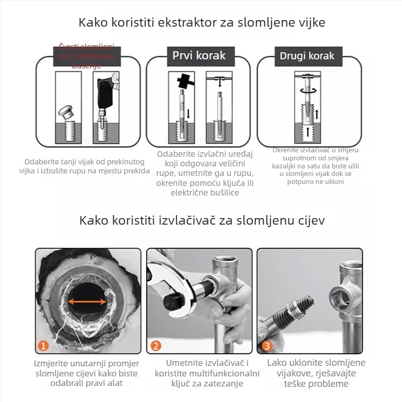 Set izvlačivača vijaka za uklanjanje slomljenih vijaka – visoko tvrdi krom-vanadijski čelik, 8 komada, za kućnu upotrebu