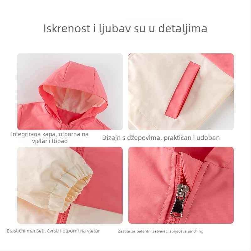 Dječja jakna s kapuljom, kratka dužina, zatvarač, dugi rukavi, 100% poliester
