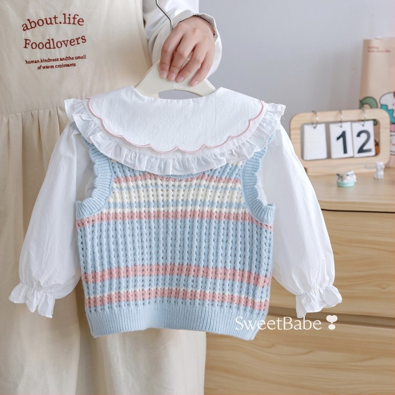 Dječji komplet: košulja za djevojčice i pleteni prsluk, pamuk, dugi rukav, jesen 2025, dva komada, korejski stil, ovratnik Peter Pan