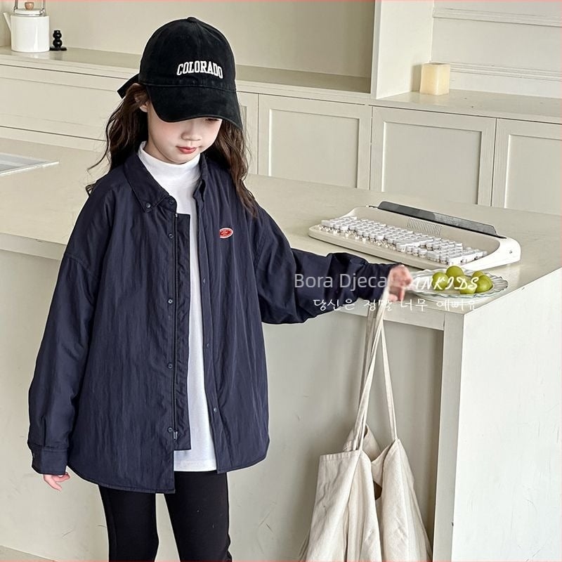 Dječja quiltirana košulja od poliestera, ležerni stil, dugi rukavi, kvadratni ovratnik, jednofarbni uzorak