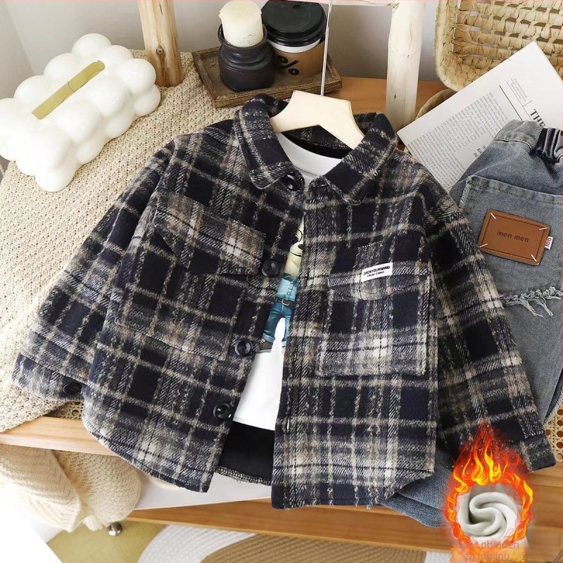 Dječja košulja s flecom iznutra, dugi rukav, polo ovratnik, mrežasti uzorak, tkanina od zečje dlake