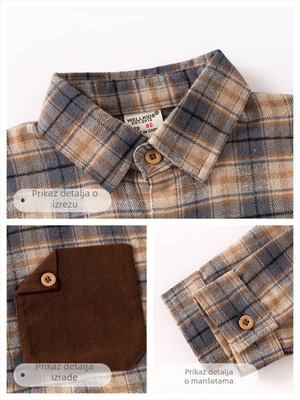 Dječja košulja s dugim rukavima, karirana, 100% pamuk, korejski stil, ovratnik s reverom