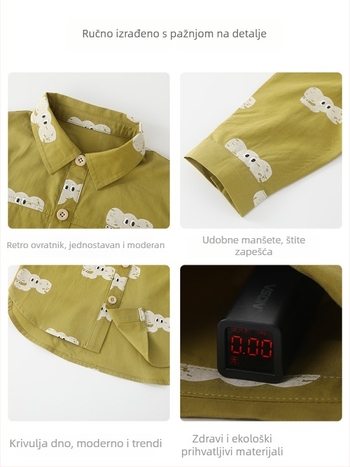 Dječja košulja - korejski stil, ovratnik s reverom, dugi rukavi, životinjski uzorak (Uzrast 1–3 godine; proljeće–jesen; 50% pamuk + 50% lyocell)