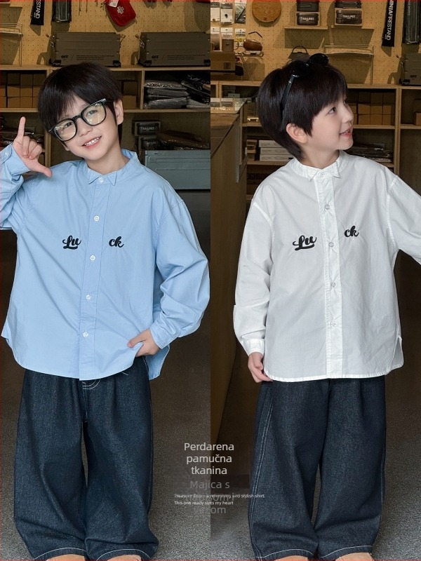 Muška košulja u korejskom stilu, s dugim rukavima, s izvezenom slovom, ovratnik turn-down, 95% pamuk, jesen