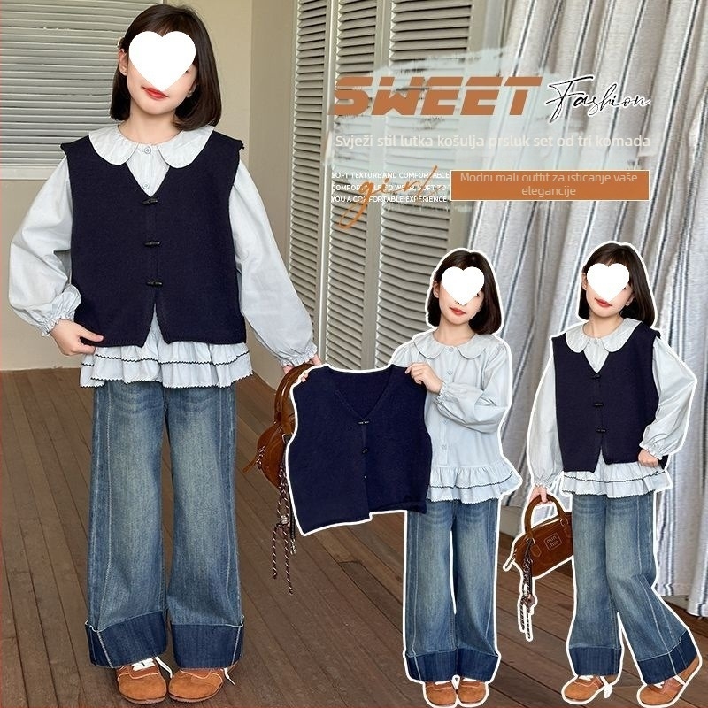 Dječji trodijelni kostim od corduroya s Rabbit Fur 50–70%, Leisure stil, proljeće 2025