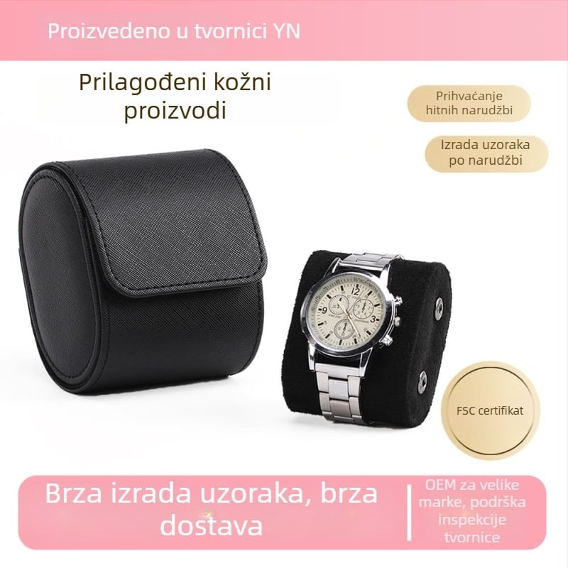 Kutija za pohranu satova za putovanja — vanjska PU koža, unutarnja prava koža, kapacitet 123 pretinaca, ovalni dizajn, model SBJ02