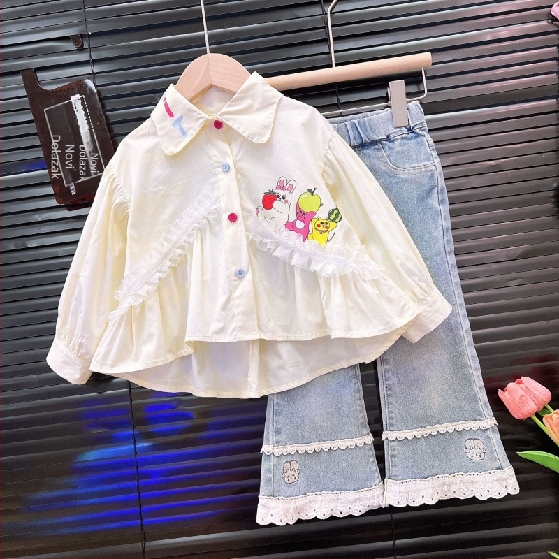 Dječji dvodijelni set: majica s crtanim otiskom i traperice, korejski stil, poliester tkanina, proljeće–jesen 2025 (uzrast 3–8 godina)