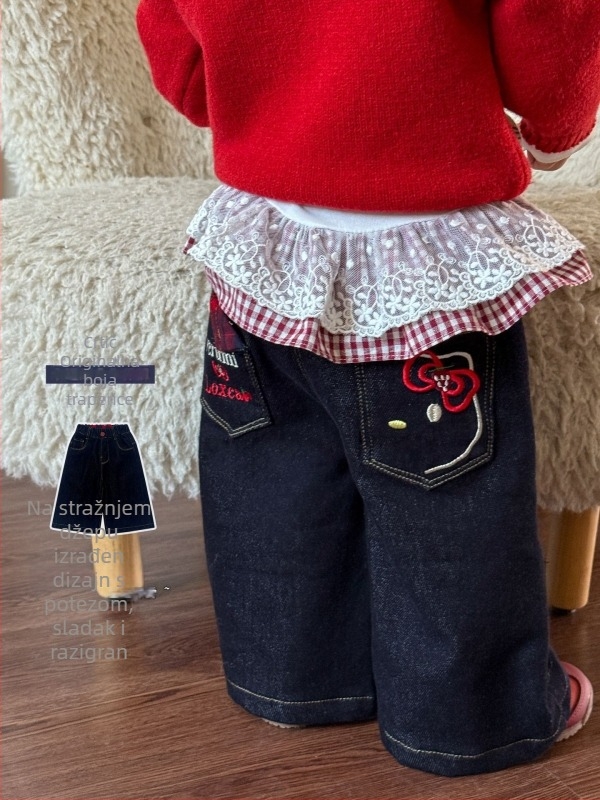 Dječje hlače za djevojčice – korejski stil, srednji porast, pamuk džins, sastav 48% pamuk, 37% lyocell, 14% poliester, 1% elastan, jesen 2025, uzrast 1–3 godine