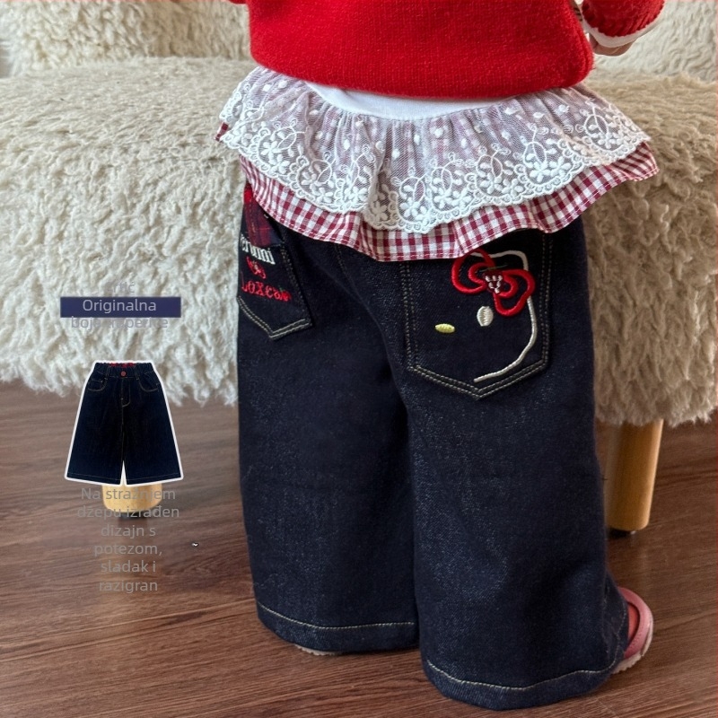 Dječje hlače za djevojčice – korejski stil, srednji porast, pamuk džins, sastav 48% pamuk, 37% lyocell, 14% poliester, 1% elastan, jesen 2025, uzrast 1–3 godine