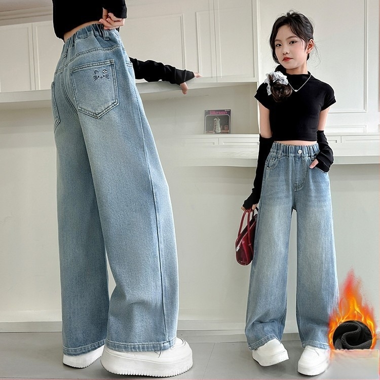 Dječje traperice za djevojčice s flisom, visokim strukom, široke ravne nogavice, elastični pojas, za djecu 8+ godina (iznad 140 cm)