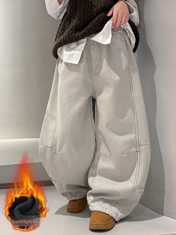 Chlapečke traperice od pamuka s flis podstavom, zimske, dugačke, debele, srednje visine struka s elastičnim pojasom