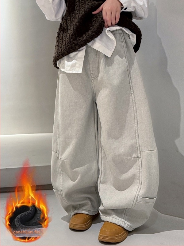 Chlapečke traperice od pamuka s flis podstavom, zimske, dugačke, debele, srednje visine struka s elastičnim pojasom