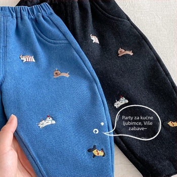 Dječje zimske traperice s izšivanjem i flis unutarnjom, unisex, 85% pamuk 15% poliester, srednji struk