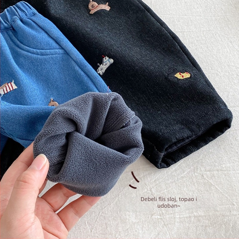 Dječje zimske traperice s izšivanjem i flis unutarnjom, unisex, 85% pamuk 15% poliester, srednji struk