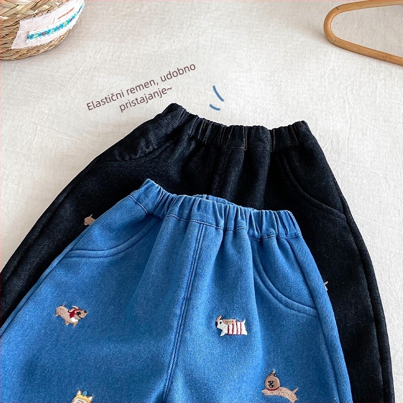 Dječje zimske traperice s izšivanjem i flis unutarnjom, unisex, 85% pamuk 15% poliester, srednji struk