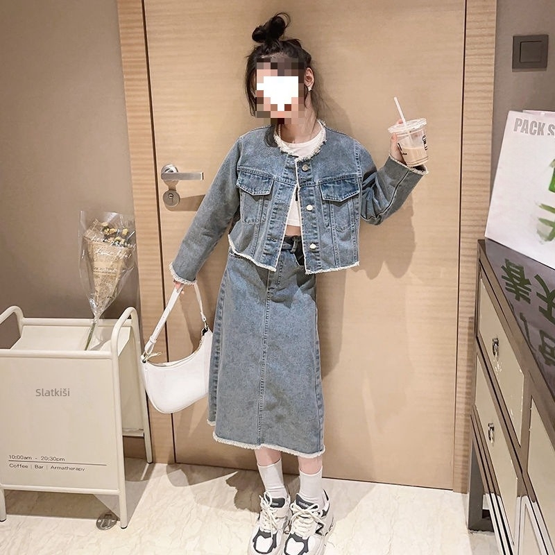 Dvije-djelni proljetni set za djevojčice, korejski stil, flanel materijal, haljina s tortom-suknjom, jednofarbni, proljeće 2025