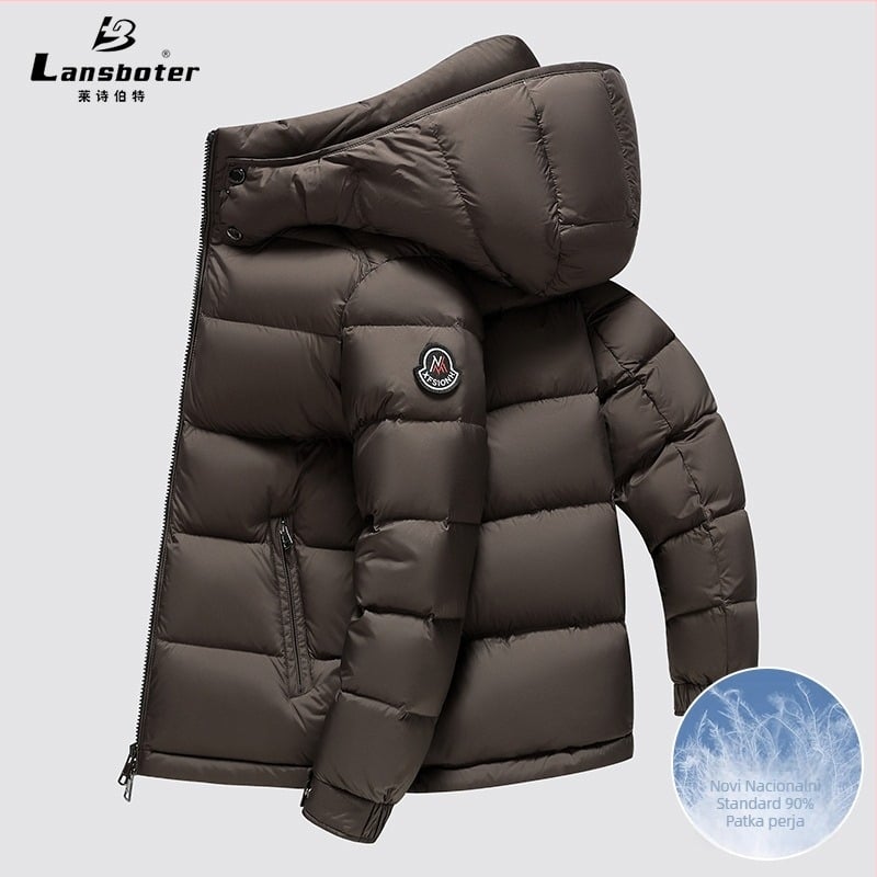 Muška jakna od perja s kapuljom, stojećim ovratnikom, debela; sadržaj perja 86–90%, punjenje 149–192 g, 700 punjenje