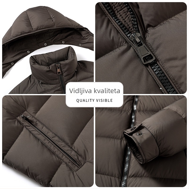 Muška jakna od perja s kapuljom, stojećim ovratnikom, debela; sadržaj perja 86–90%, punjenje 149–192 g, 700 punjenje