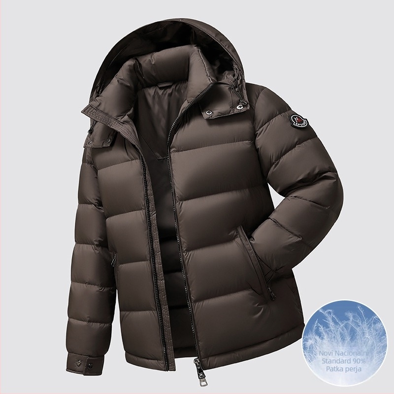 Muška jakna od perja s kapuljom, stojećim ovratnikom, debela; sadržaj perja 86–90%, punjenje 149–192 g, 700 punjenje