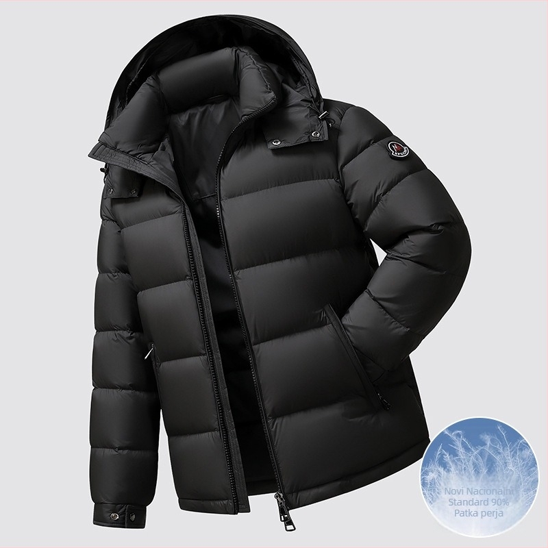 Muška jakna od perja s kapuljom, stojećim ovratnikom, debela; sadržaj perja 86–90%, punjenje 149–192 g, 700 punjenje