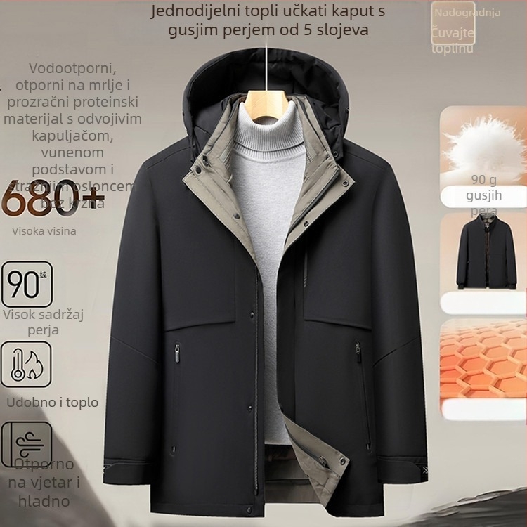 Muška jakna od guščjeg perja s kapuljom i odvojivom podstavom, otporna na vjetar i toplina, punjenje 700, 86–90% guščjeg perja