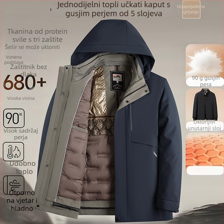 Muška jakna od guščjeg perja s kapuljom i odvojivom podstavom, otporna na vjetar i toplina, punjenje 700, 86–90% guščjeg perja