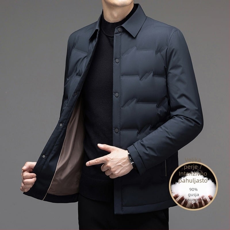 Muška lagana down jakna s reverom, punjenje bijelim gusjim perjem 86–90%, gustoća 650, zatvarač, zimski osnovni stil, podstava poliester