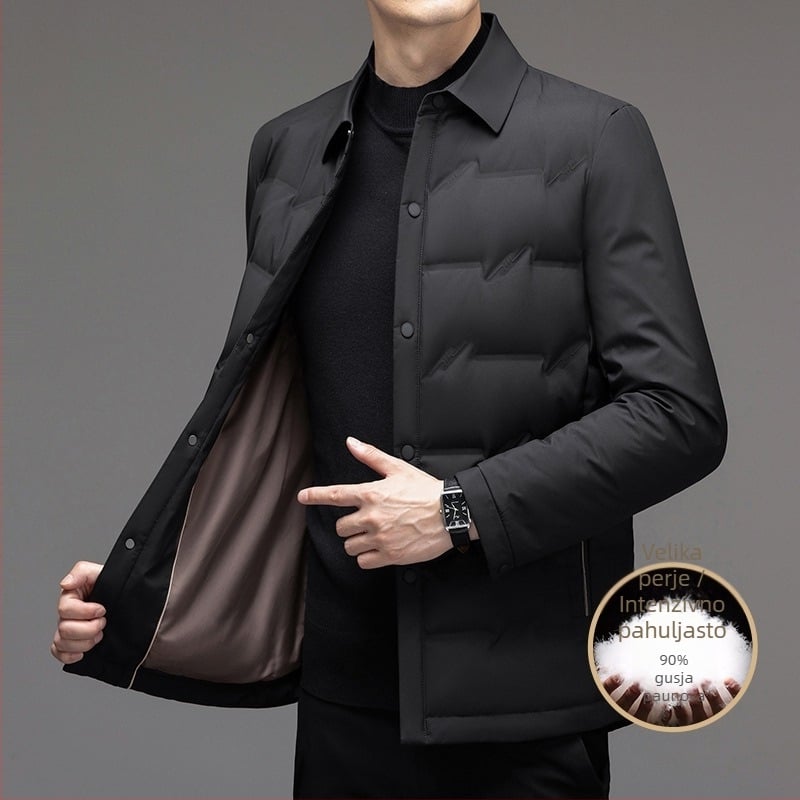 Muška lagana down jakna s reverom, punjenje bijelim gusjim perjem 86–90%, gustoća 650, zatvarač, zimski osnovni stil, podstava poliester