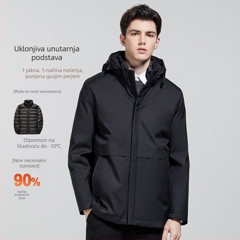 Muško down jakna s kapuljom i stojećim ovratnikom, punilo od bijelog gusjeg perja 86–90%, vodootporna i otporna na vjetar, srednja duljina 65–80 cm, poslovni stil džentlmen