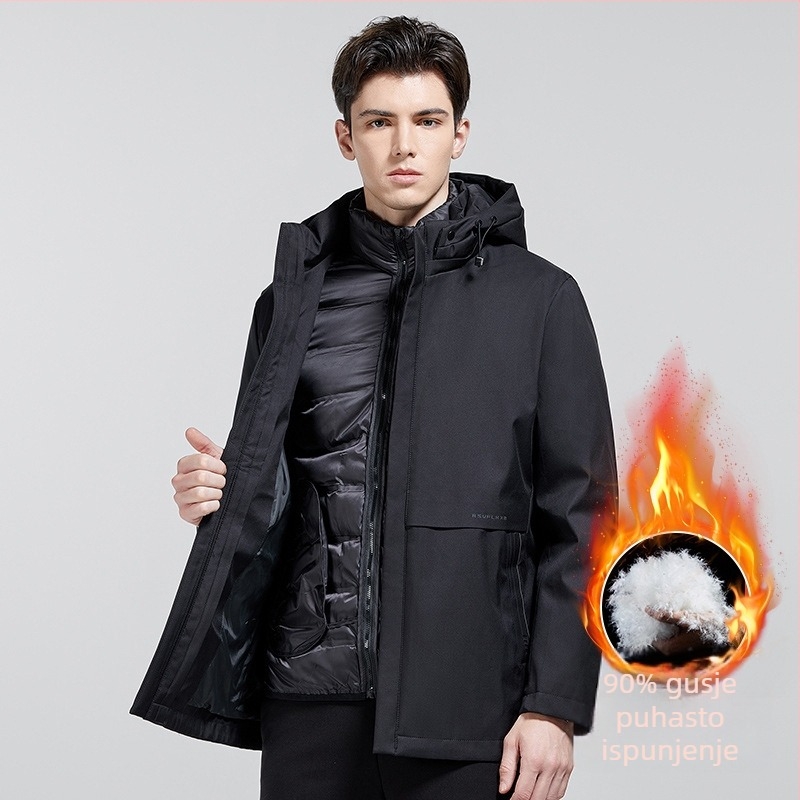 Muško down jakna s kapuljom i stojećim ovratnikom, punilo od bijelog gusjeg perja 86–90%, vodootporna i otporna na vjetar, srednja duljina 65–80 cm, poslovni stil džentlmen